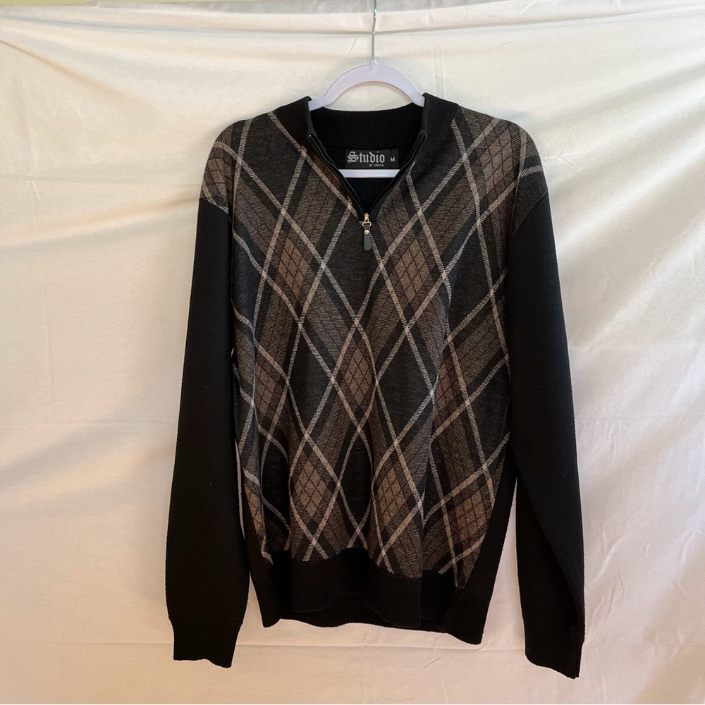 Studio By Omega 1/4 Zip Long Sleeve Pullover Argyle Sweater Size Medium